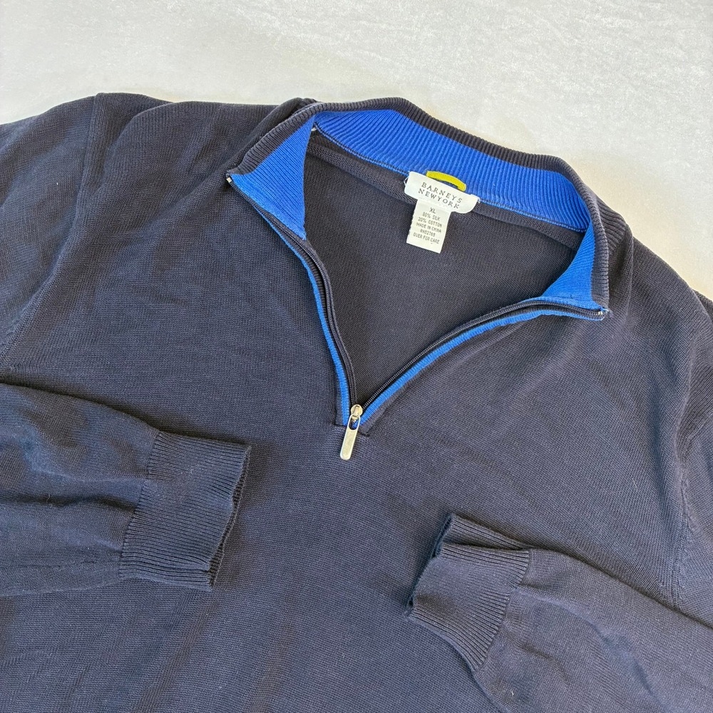 Barneys New York Sweater Mens XL Navy Blue Silk Cotton Quarter‎ Zip Pullover
